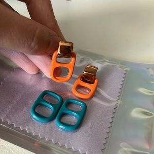 Bottle cap earrings with Rose gold Hardware huggie earrings. Orange & teal.